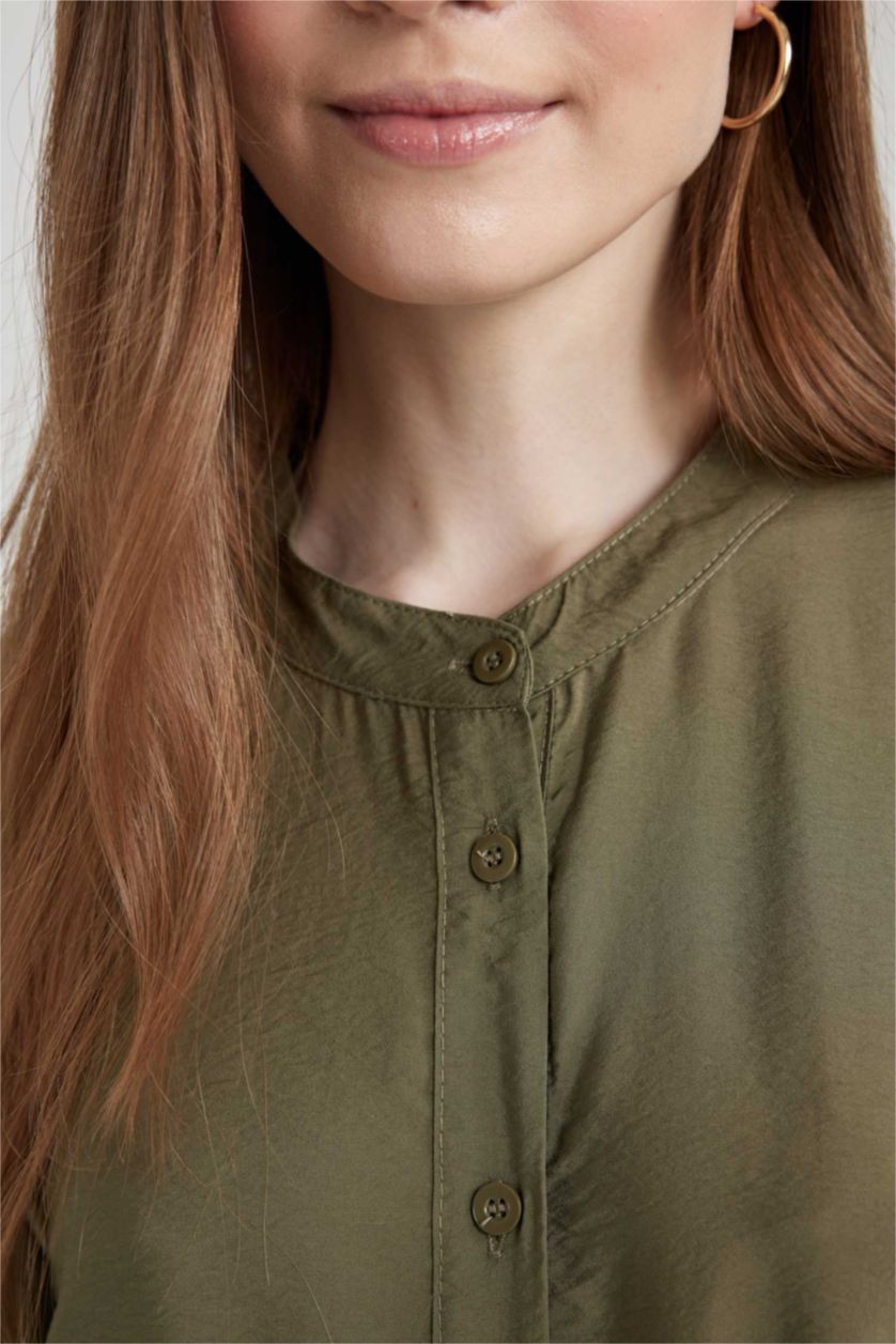 FEMME Kaki Clair Robe Coupe Relaxant Popeline à Col Rond à Manches Longues