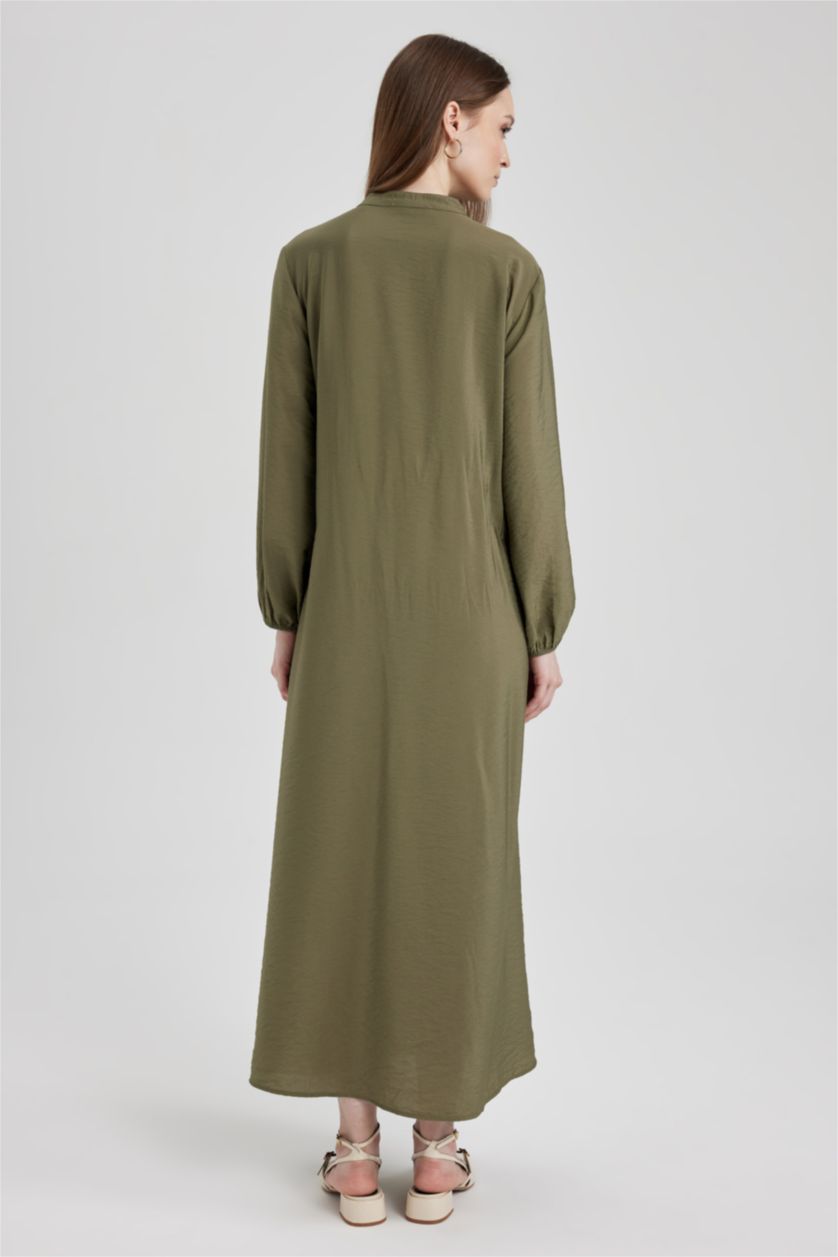 FEMME Kaki Clair Robe Coupe Relaxant Popeline à Col Rond à Manches Longues