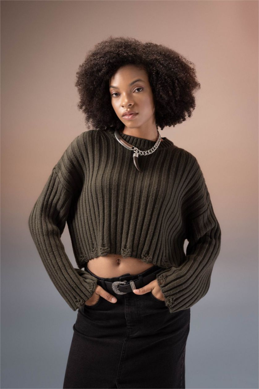 Kadın Haki Regular Fit Bisiklet Yaka Triko Kazak