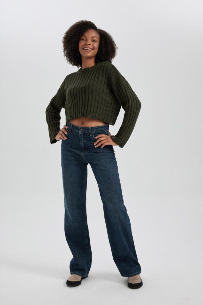 Kadın Haki Regular Fit Bisiklet Yaka Triko Kazak