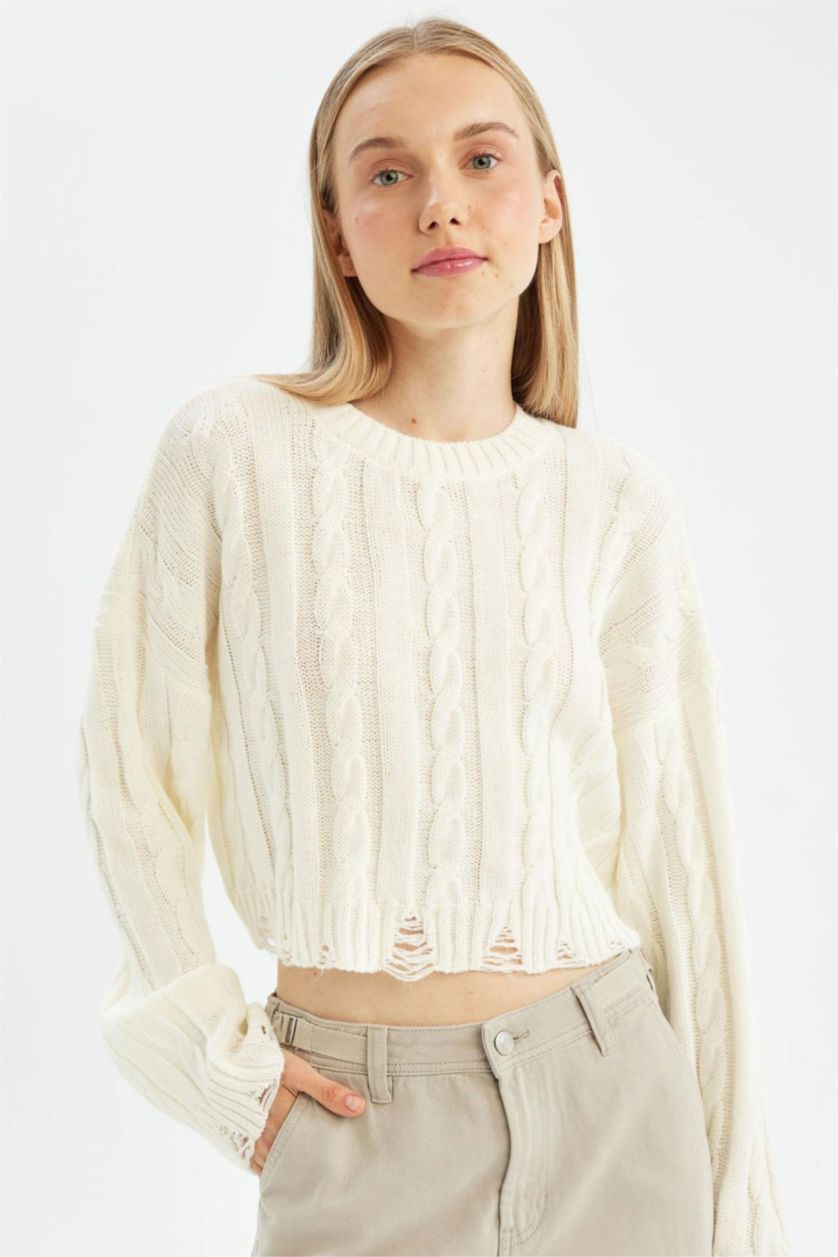 Kadın Ekru Regular Fit Bisiklet Yaka Saç Örgülü Triko Kazak