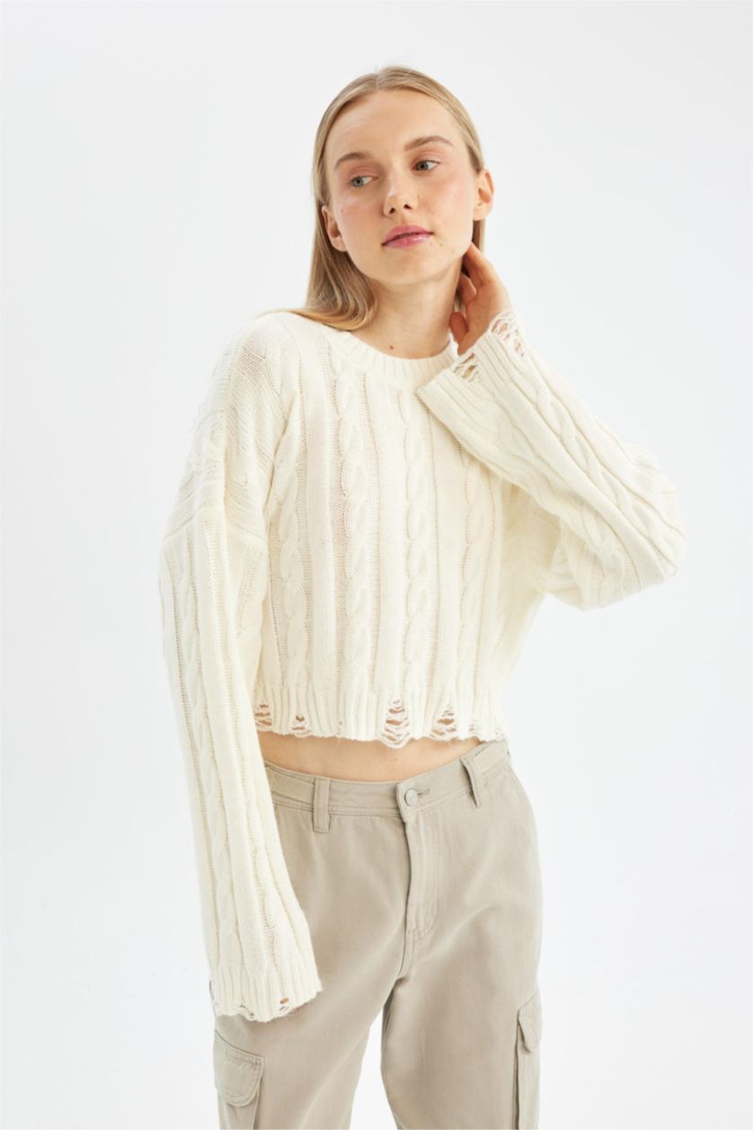 Kadın Ekru Regular Fit Bisiklet Yaka Saç Örgülü Triko Kazak