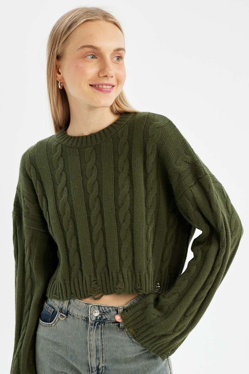 Kadın Koyu Haki Regular Fit Bisiklet Yaka Saç Örgülü Triko Kazak