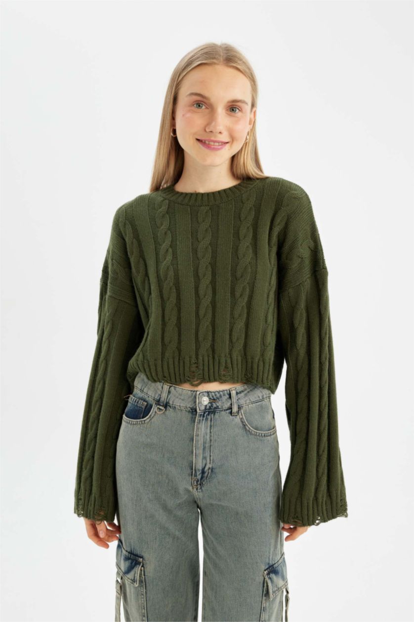 Kadın Koyu Haki Regular Fit Bisiklet Yaka Saç Örgülü Triko Kazak