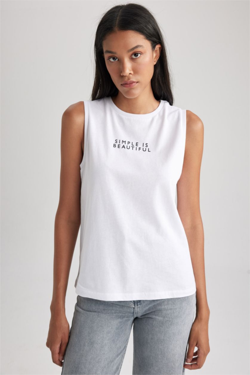 نساء أبيض كروب توب قطن قصة عادية برقبة مستديرة