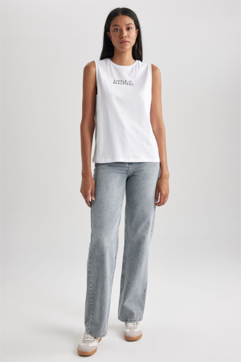 نساء أبيض كروب توب قطن قصة عادية برقبة مستديرة