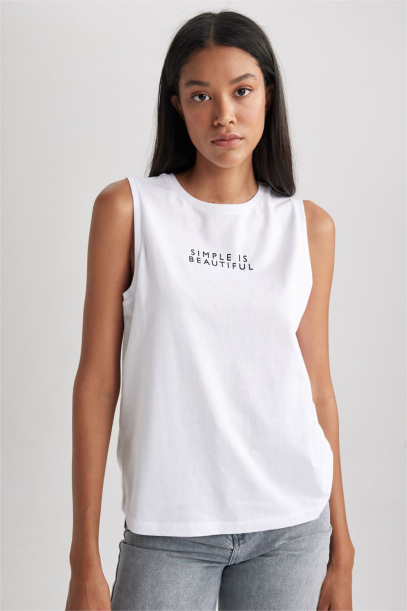 نساء أبيض كروب توب قطن قصة عادية برقبة مستديرة