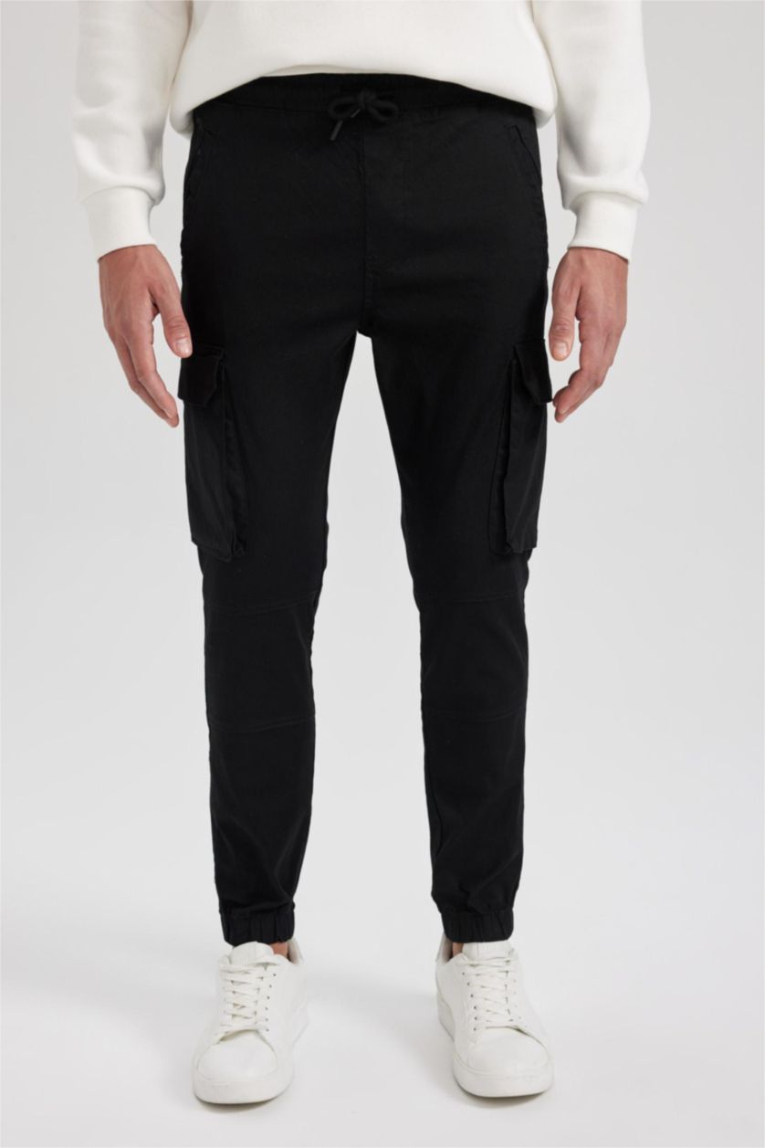 HOMME Noir Pantalon Cargo Coupe Slim