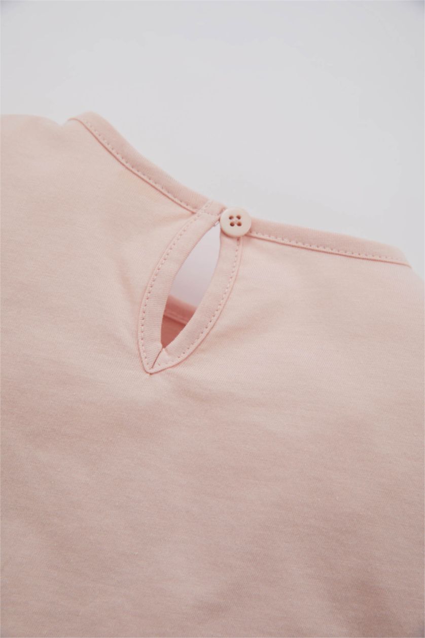 Kız Bebek Koyu Pembe Kız Bebek Bisiklet Yaka Eğlenceli Baskılı Kısa Kollu Tişört