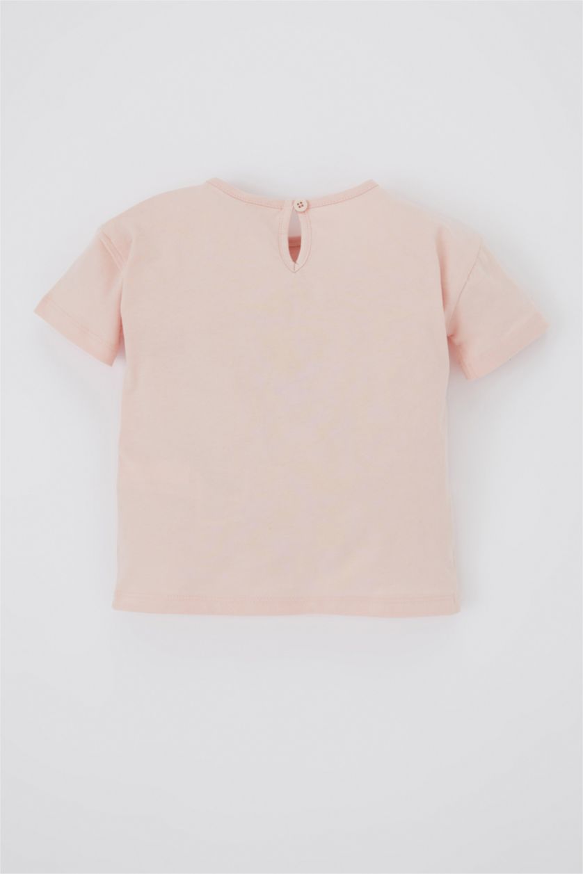 Kız Bebek Koyu Pembe Kız Bebek Bisiklet Yaka Eğlenceli Baskılı Kısa Kollu Tişört