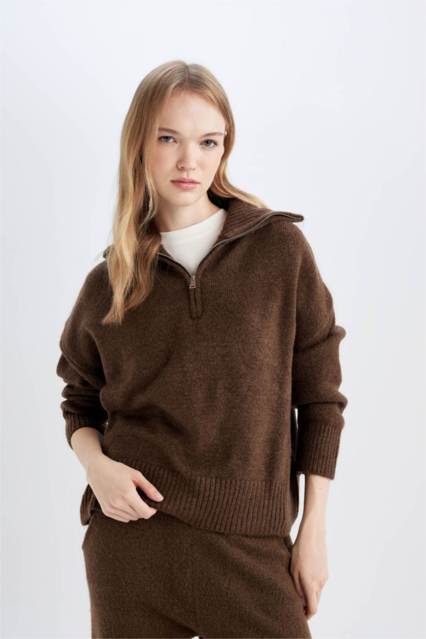 FEMME Marron Pull tricot Oversize à col montant zippé