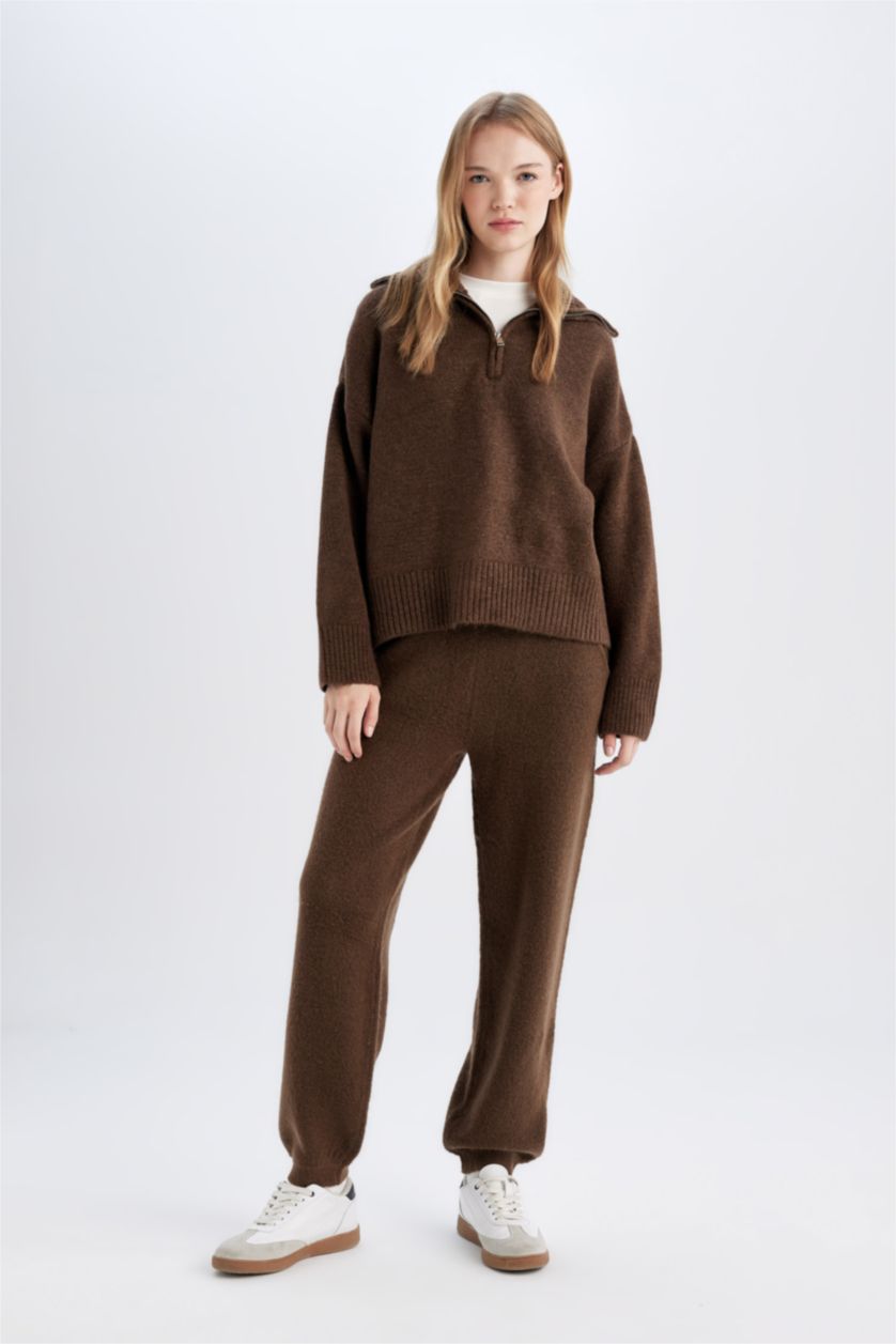 FEMME Marron Pull tricot Oversize à col montant zippé