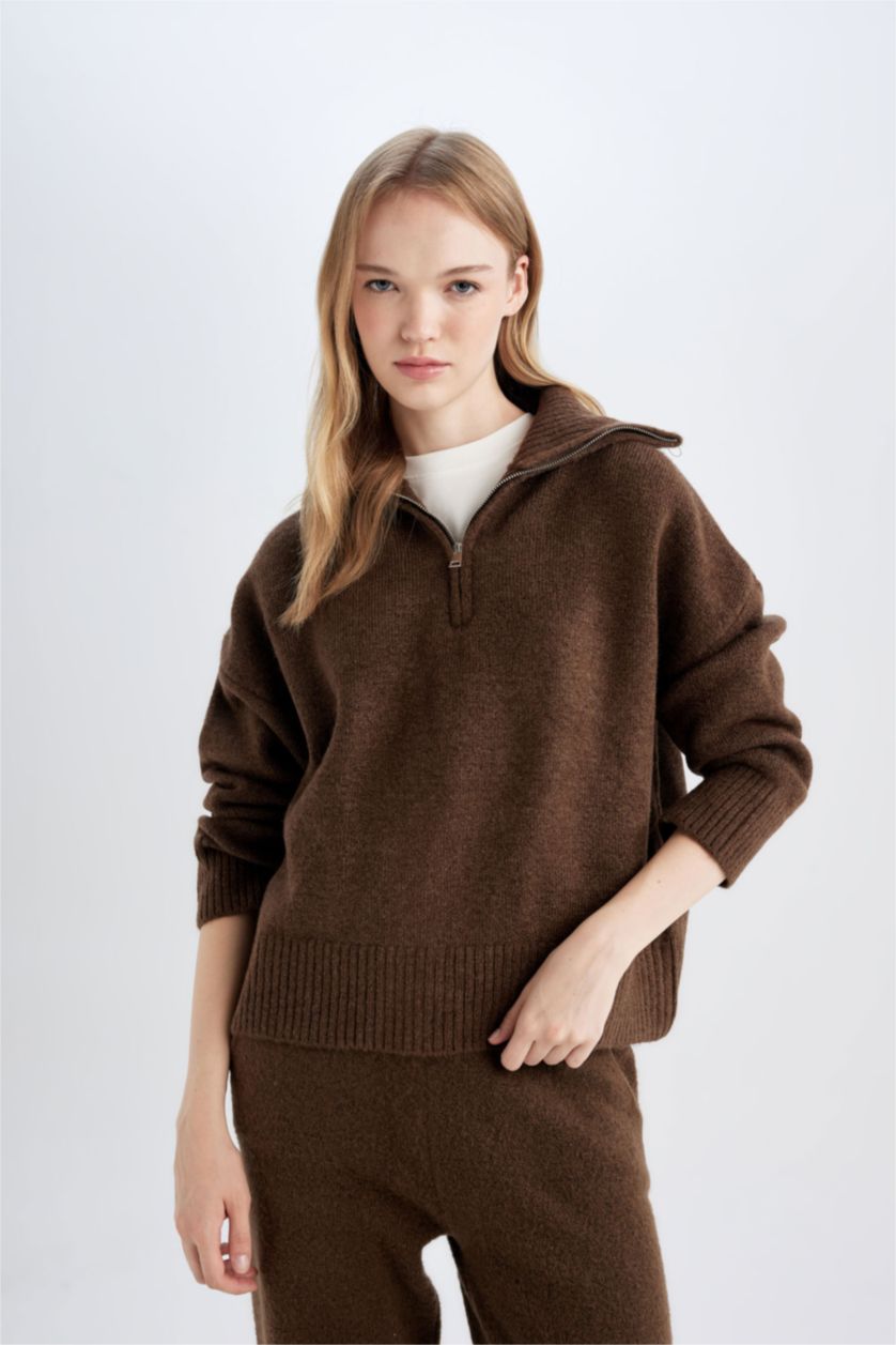 FEMME Marron Pull tricot Oversize à col montant zippé