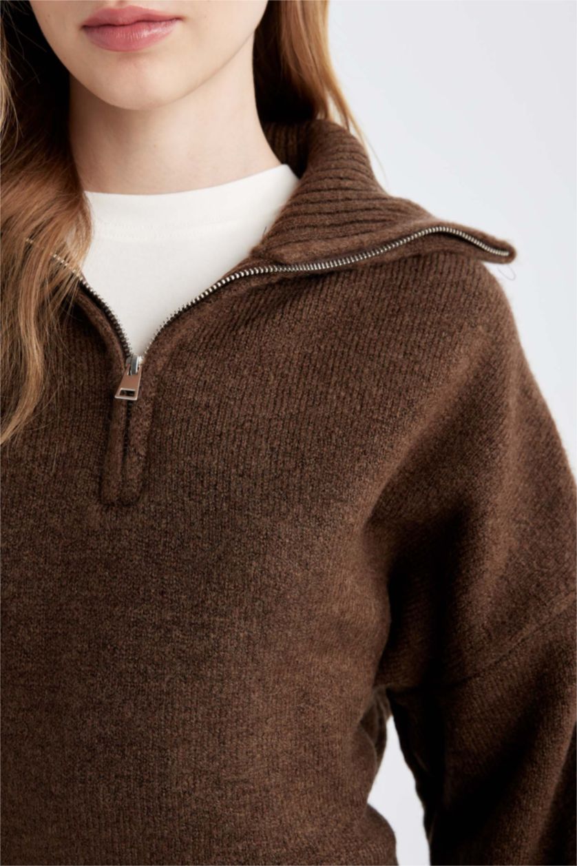 FEMME Marron Pull tricot Oversize à col montant zippé
