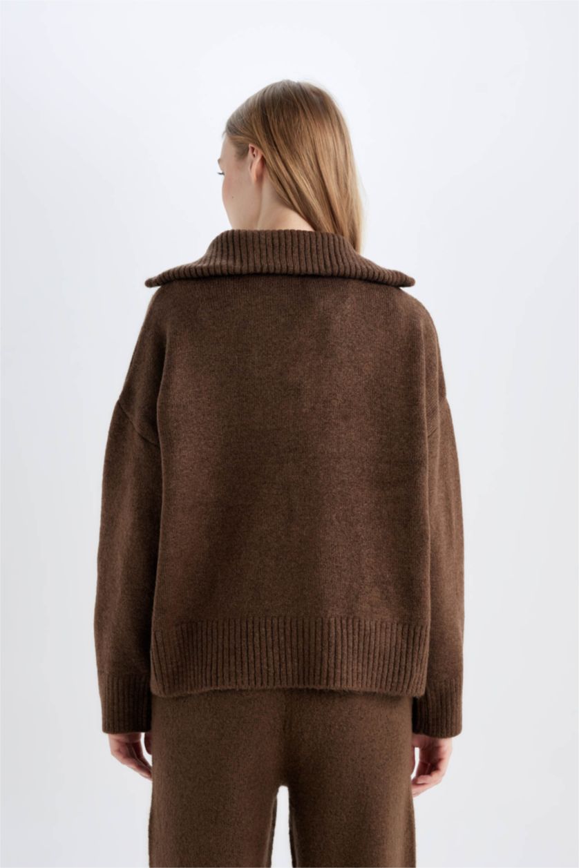 FEMME Marron Pull tricot Oversize à col montant zippé