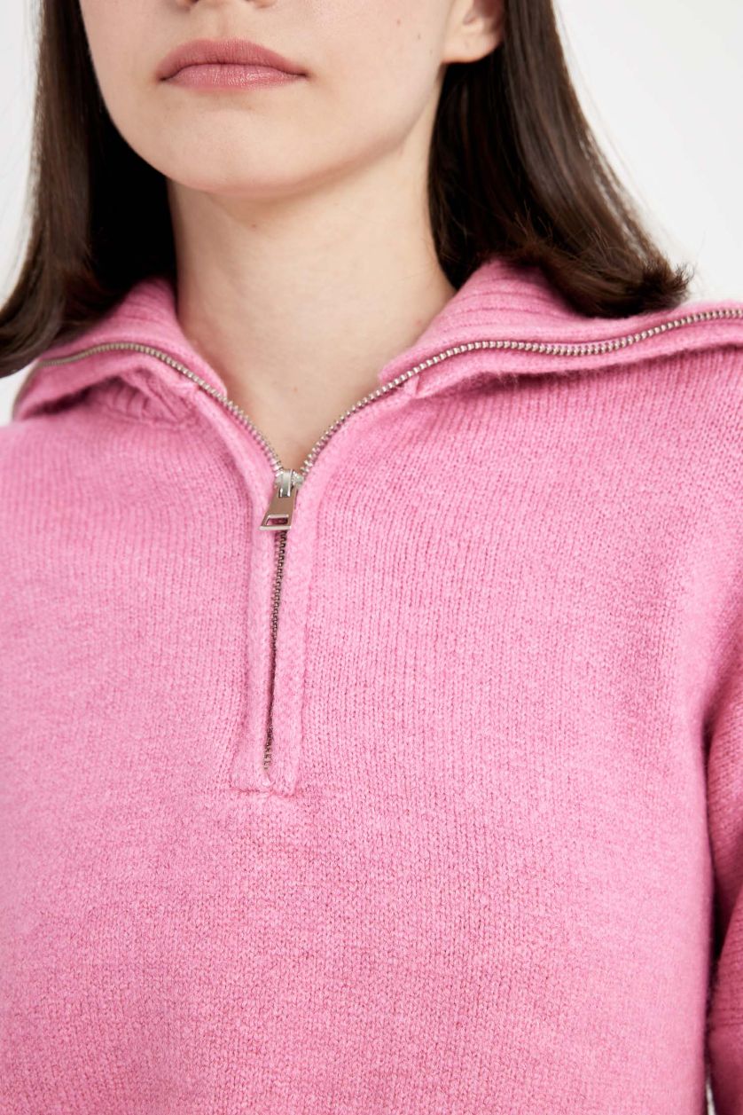 Kadın Pembe Oversize Geniş Kalıp Yarım Fermuarlı Dik Yaka Triko Kazak