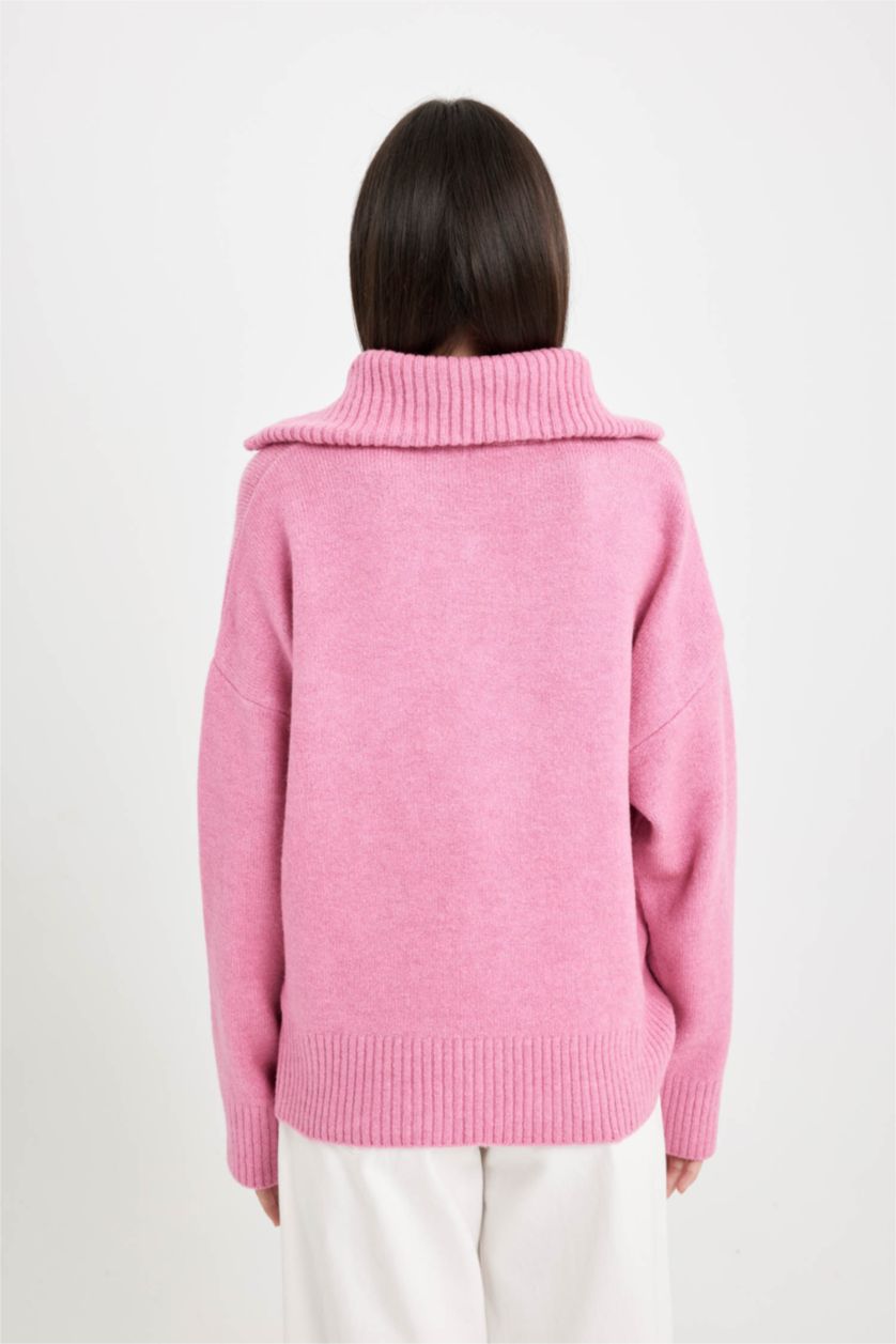 Kadın Pembe Oversize Geniş Kalıp Yarım Fermuarlı Dik Yaka Triko Kazak