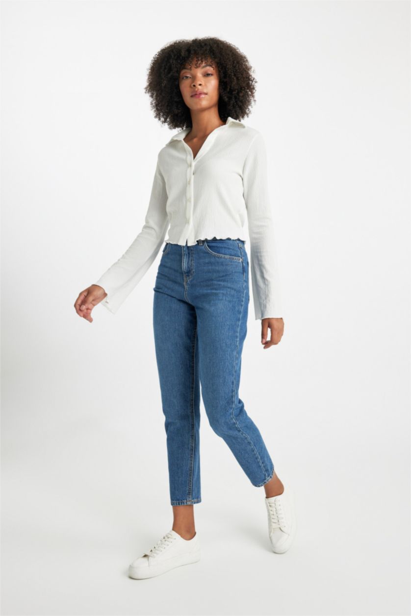 WOMAN Blue Lina Mom Fit High Waist Comfortable Fit Light Slim Leg Ankle Length Jeans