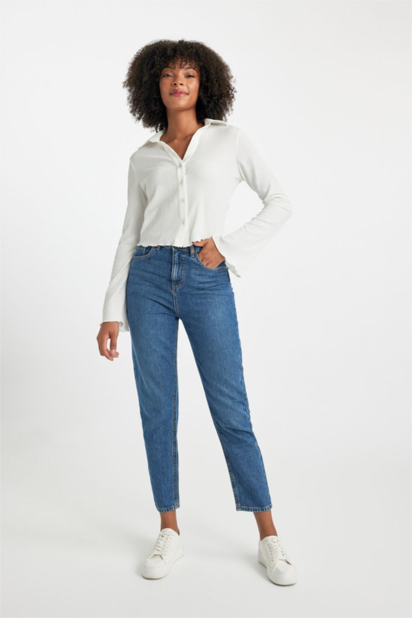 WOMAN Blue Lina Mom Fit High Waist Comfortable Fit Light Slim Leg Ankle Length Jeans