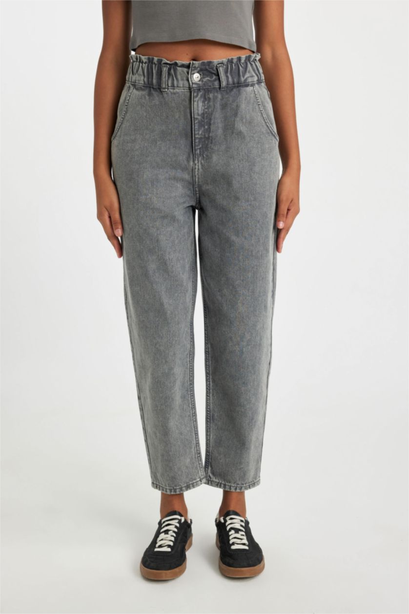 WOMAN Grey Paperbag Jean Ankle Length  Cotton Trousers