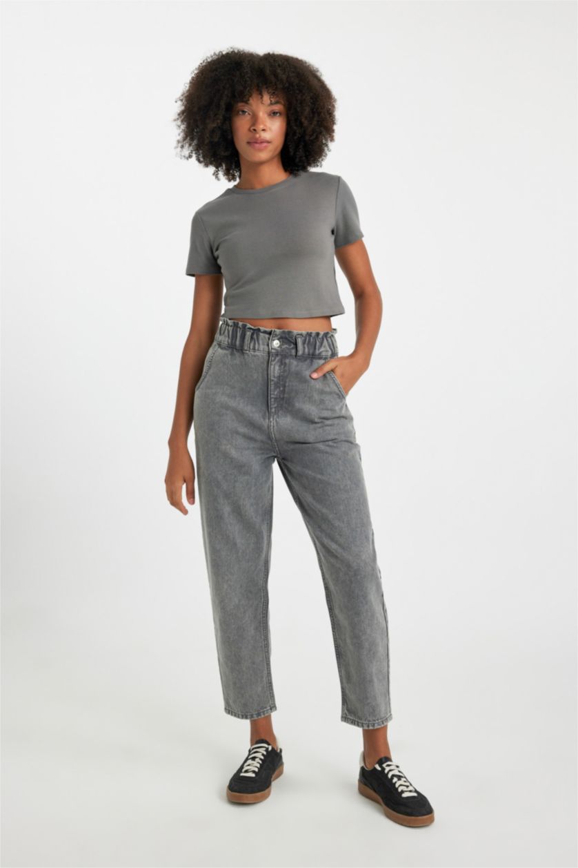 WOMAN Grey Paperbag Jean Ankle Length  Cotton Trousers