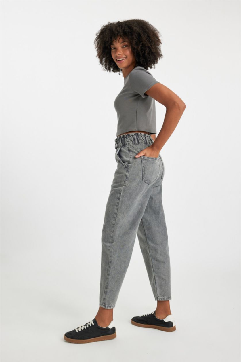 WOMAN Grey Paperbag Jean Ankle Length  Cotton Trousers