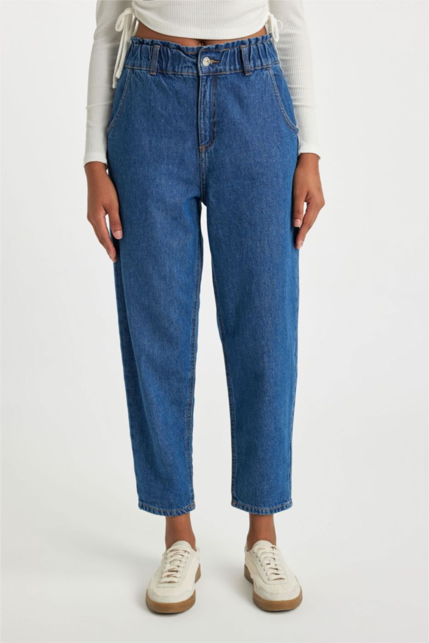 FEMME Bleu Foncé Pantalon Jean Coupe Paperbag Jambe Droite Et Longue