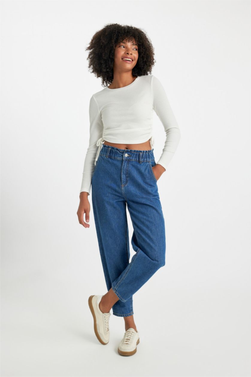 FEMME Bleu Foncé Pantalon Jean Coupe Paperbag Jambe Droite Et Longue