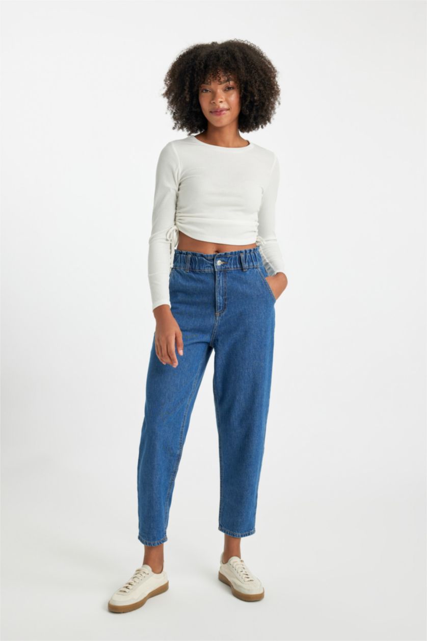 FEMME Bleu Foncé Pantalon Jean Coupe Paperbag Jambe Droite Et Longue