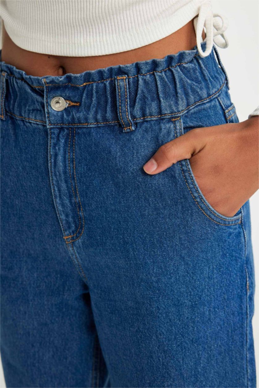 FEMME Bleu Foncé Pantalon Jean Coupe Paperbag Jambe Droite Et Longue