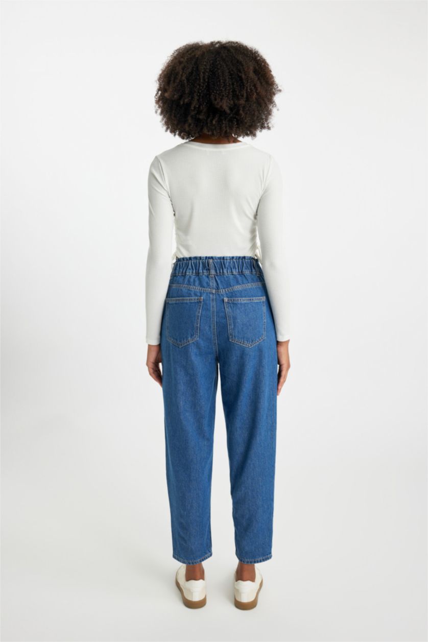 FEMME Bleu Foncé Pantalon Jean Coupe Paperbag Jambe Droite Et Longue