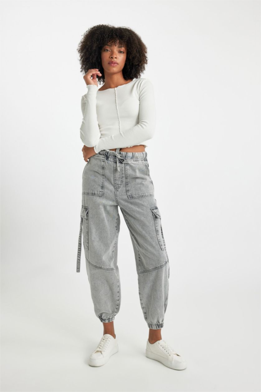 WOMAN Grey Normal Waist Cargo Jogger Trousers