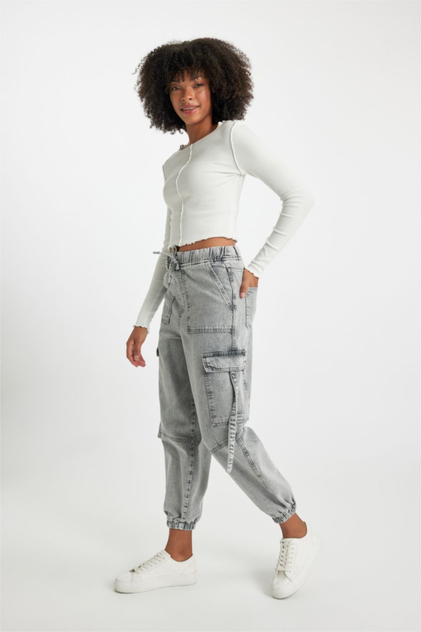 WOMAN Grey Normal Waist Cargo Jogger Trousers