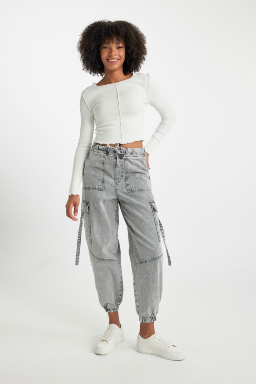 WOMAN Grey Normal Waist Cargo Jogger Trousers