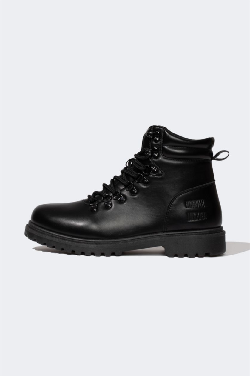 HOMME Noir Bottes en Cuir Artificiel à Lacets et Semelle Plate pour Homme