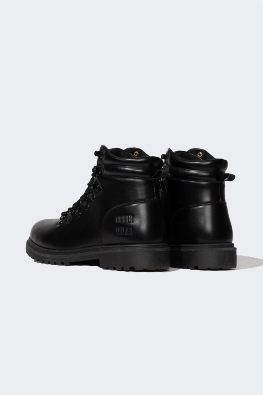 HOMME Noir Bottes en Cuir Artificiel à Lacets et Semelle Plate pour Homme