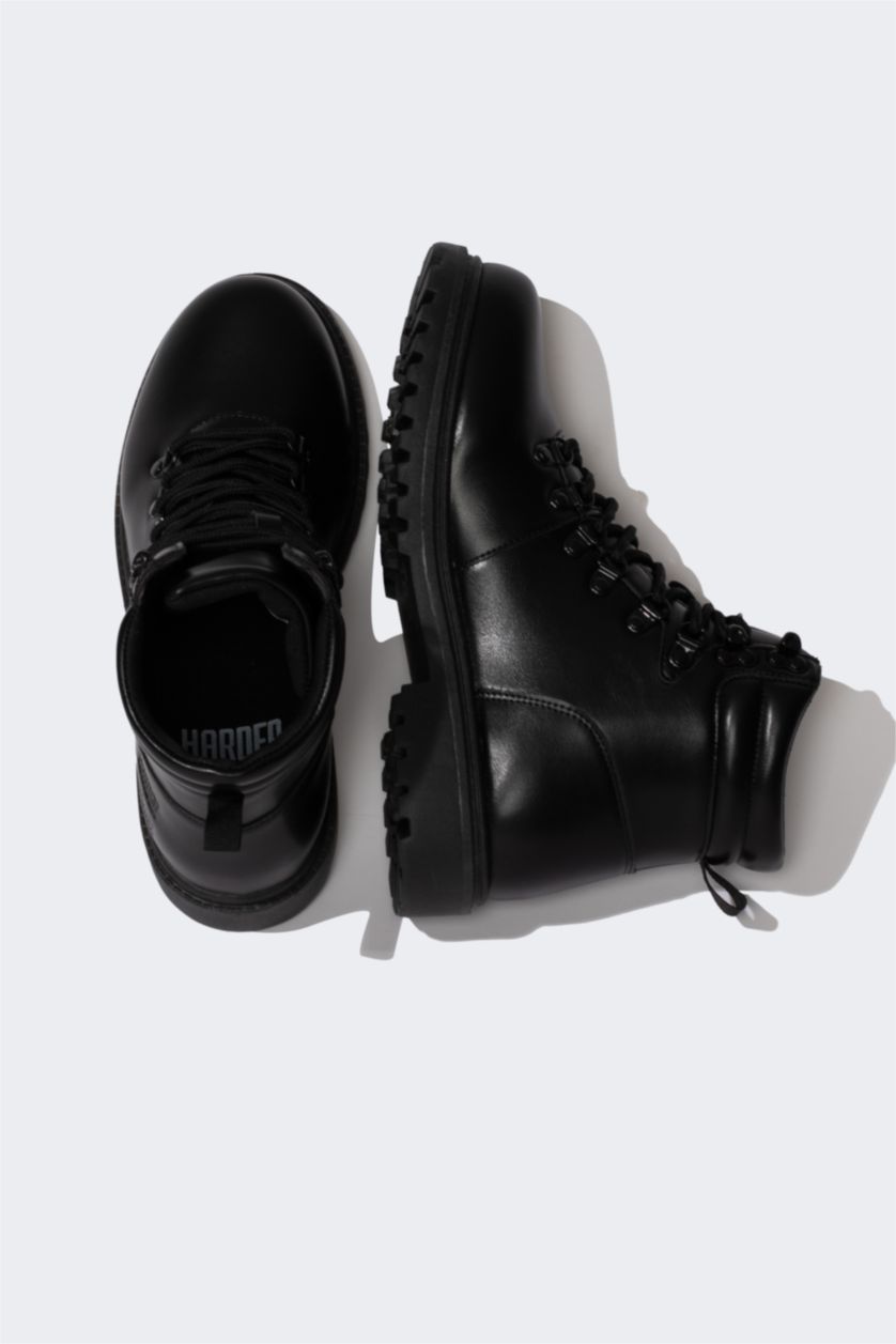 HOMME Noir Bottes en Cuir Artificiel à Lacets et Semelle Plate pour Homme