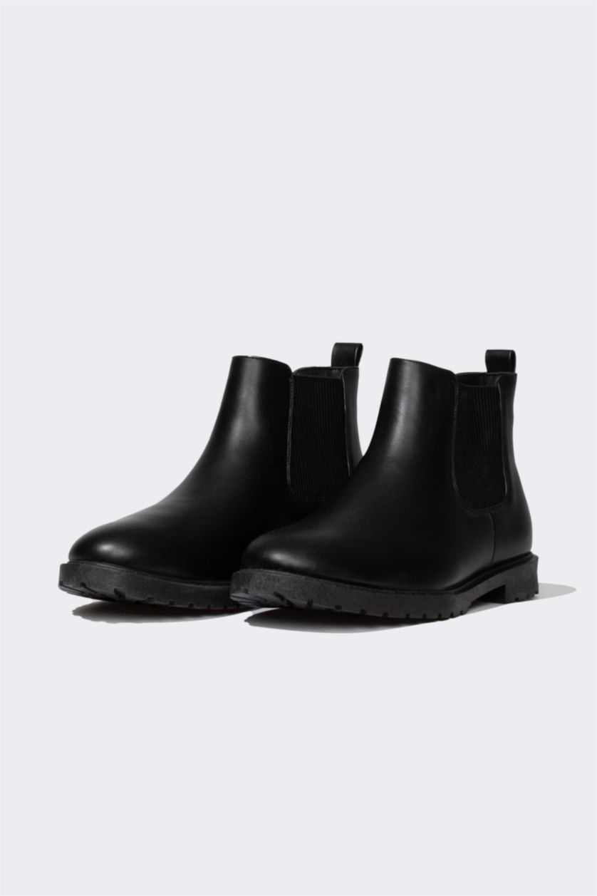 رجال أسود بوت رجالي جلد صناعي بكعب مسطح بدون رباط