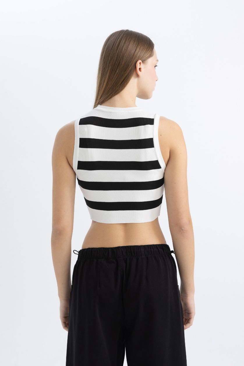 WOMAN Black Slim Fit Crew Neck Striped Crop Top
