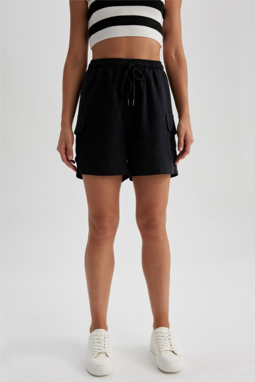FEMME Noir Short en lin mélangé taille haute à jambes courtes en mélange de lin