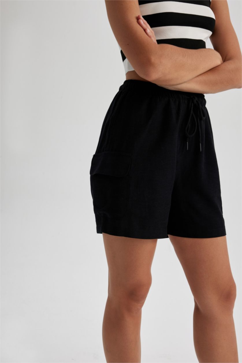 FEMME Noir Short en lin mélangé taille haute à jambes courtes en mélange de lin