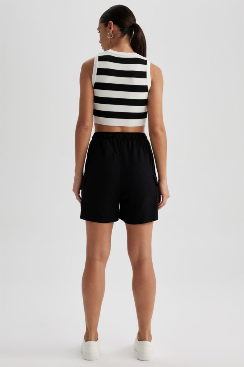 FEMME Noir Short en lin mélangé taille haute à jambes courtes en mélange de lin