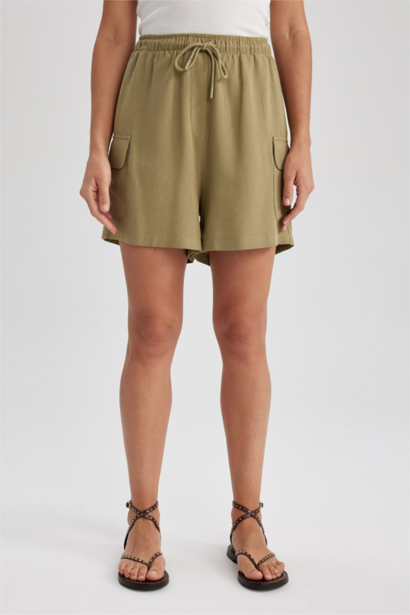 Woman Olive High Waist Linen Blend Shorts