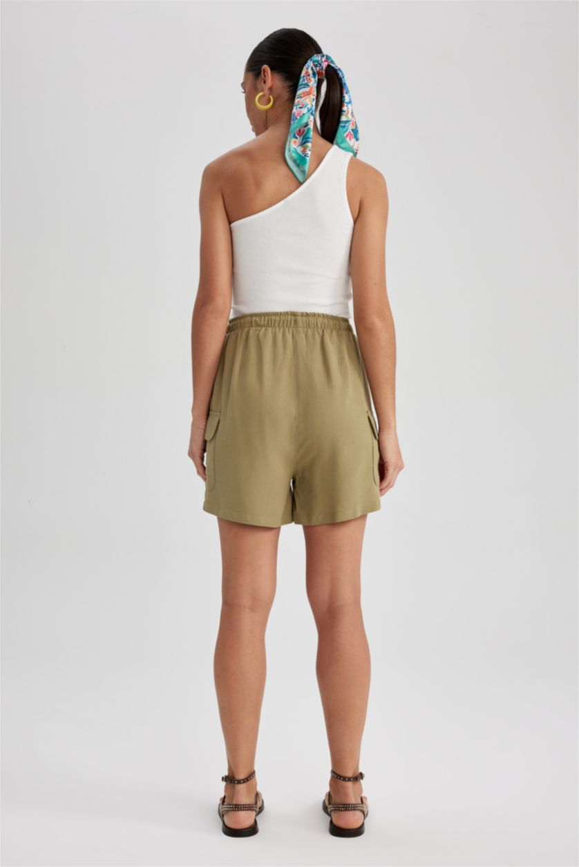 Woman Olive High Waist Linen Blend Shorts