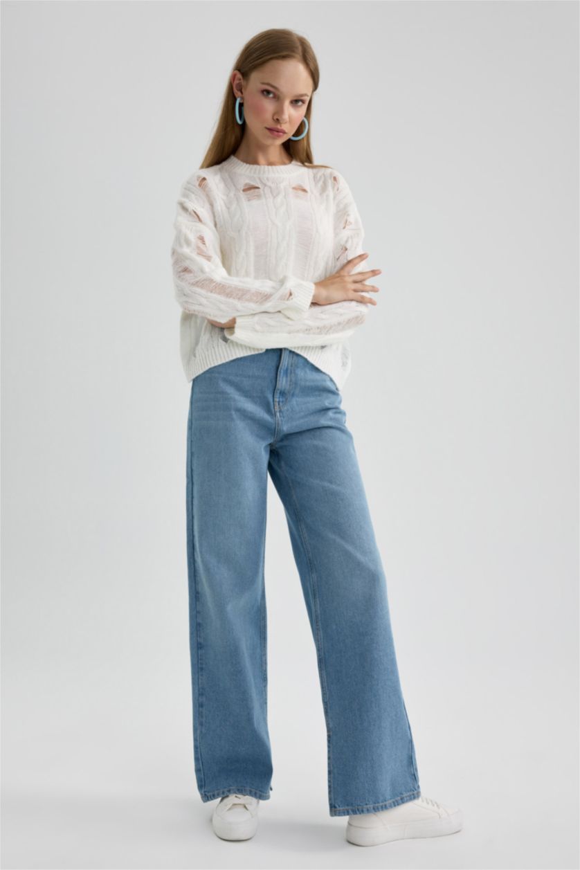 نساء نيلي فاتح بنطلون جينز وايد ليج برجل عريض بفتحة من الساق