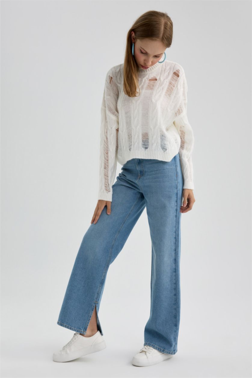 نساء نيلي فاتح بنطلون جينز وايد ليج برجل عريض بفتحة من الساق