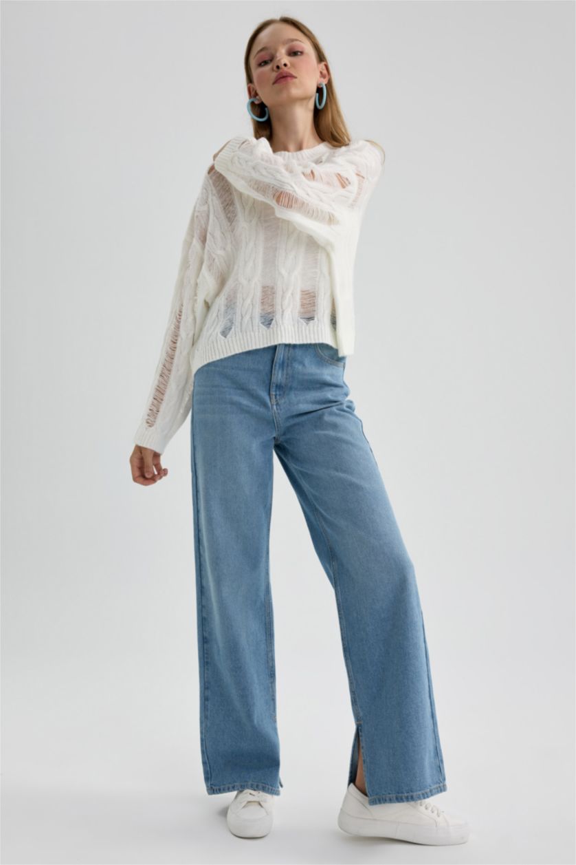 نساء نيلي فاتح بنطلون جينز وايد ليج برجل عريض بفتحة من الساق