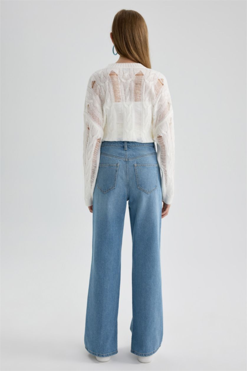 نساء نيلي فاتح بنطلون جينز وايد ليج برجل عريض بفتحة من الساق