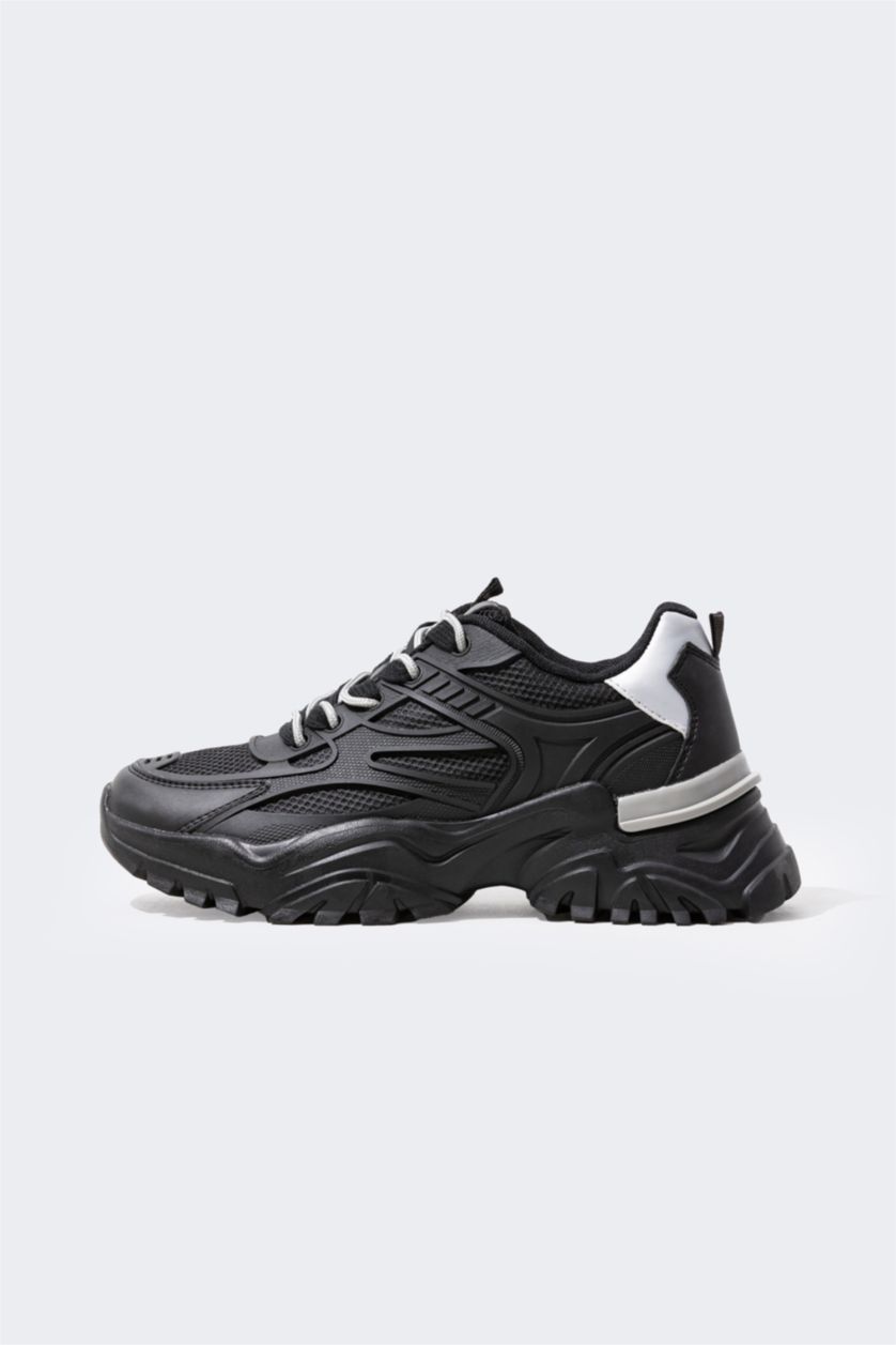 حريمي أسود حذاء رياضي حريمي جلد صناعي برباط