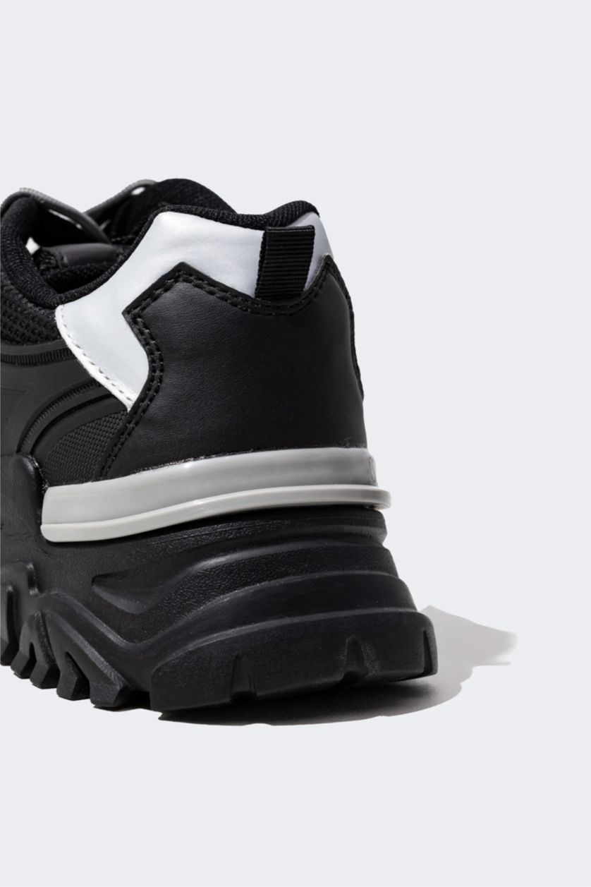 حريمي أسود حذاء رياضي حريمي جلد صناعي برباط